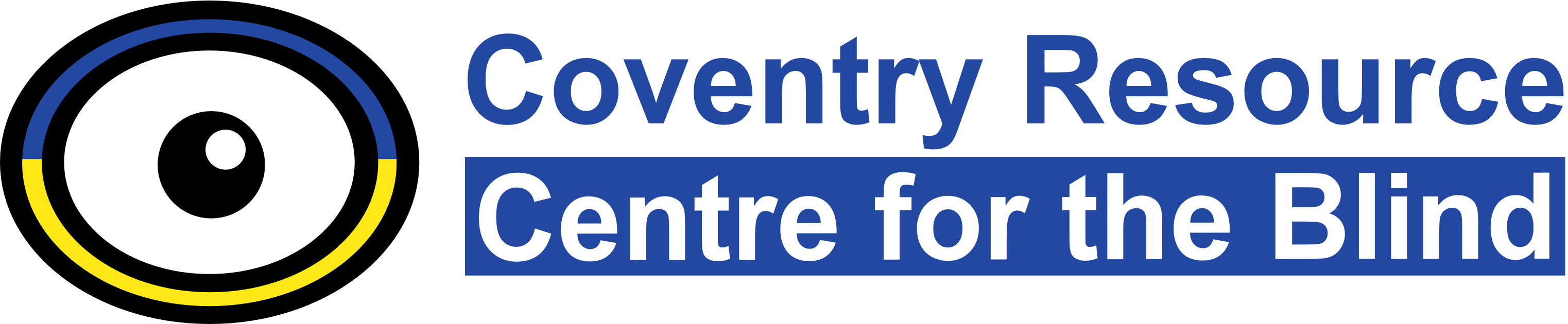 Logo showing an eye edged in blue and yellow with Coventry Resource Centre for the Blind written alongside